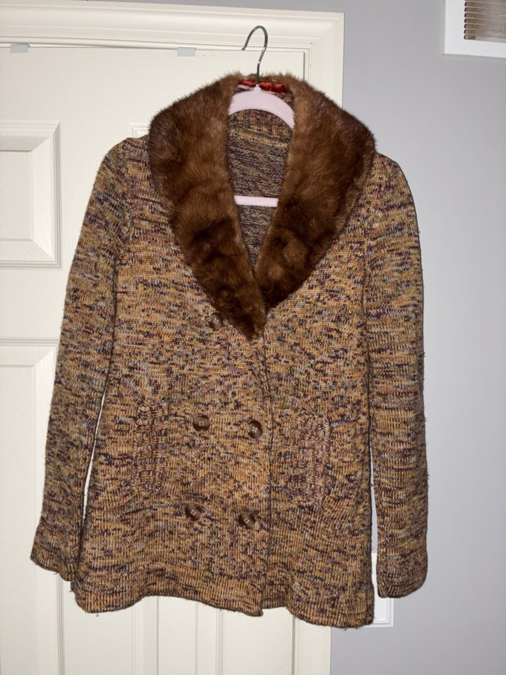 Brown (I believe wool) Cardigan Sweater with Real Mink Collar Size S/M